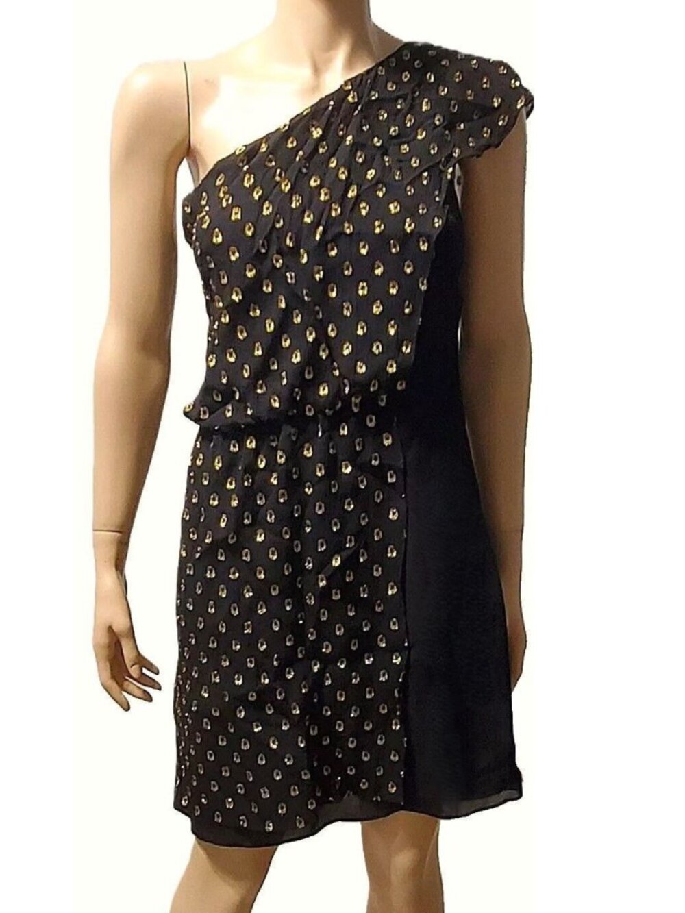 Greylin One Shoulder Dress Black Gold Polka Dot Silk Blend Size L NWT